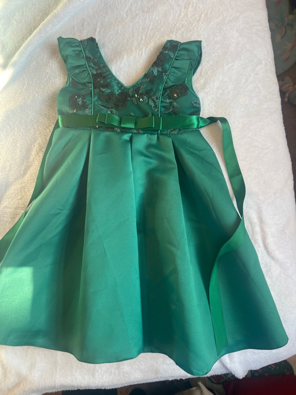 Girls Green Satin Party Dress with Floral Bodice and Bow